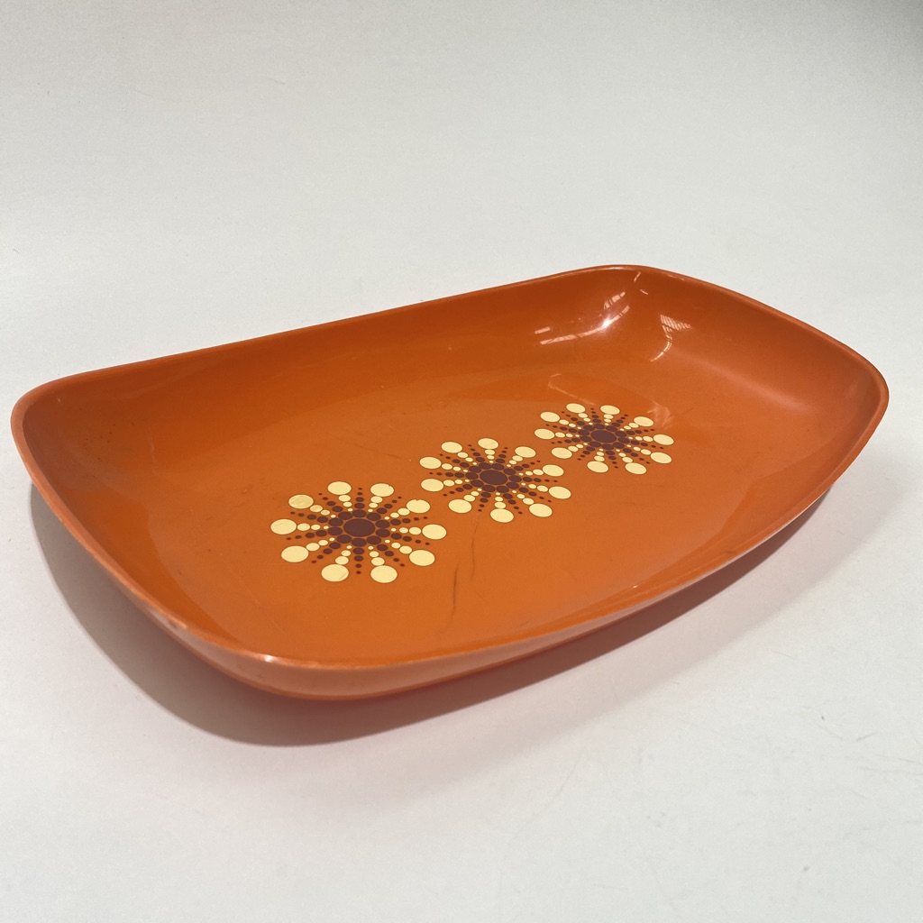 PLATE, 1970s Orange Melamine w Flowers